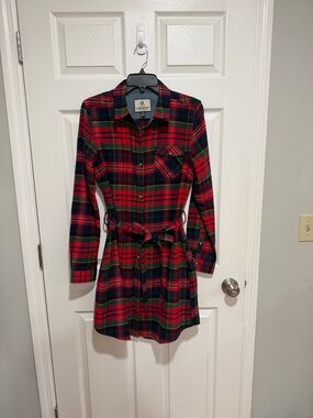 Plaid Button-Up Shirt Dress with Belt - Red, Green, Navy